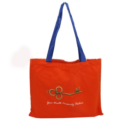 Customized Heat Transfer Printing Logo Bag With Care Label Blue Handle Tote Canvas Bag